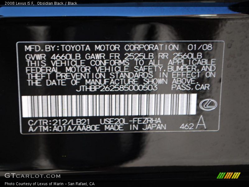 2008 IS F Obsidian Black Color Code 212