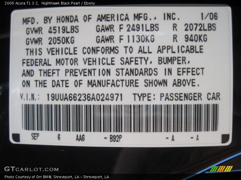 Nighthawk Black Pearl / Ebony 2006 Acura TL 3.2
