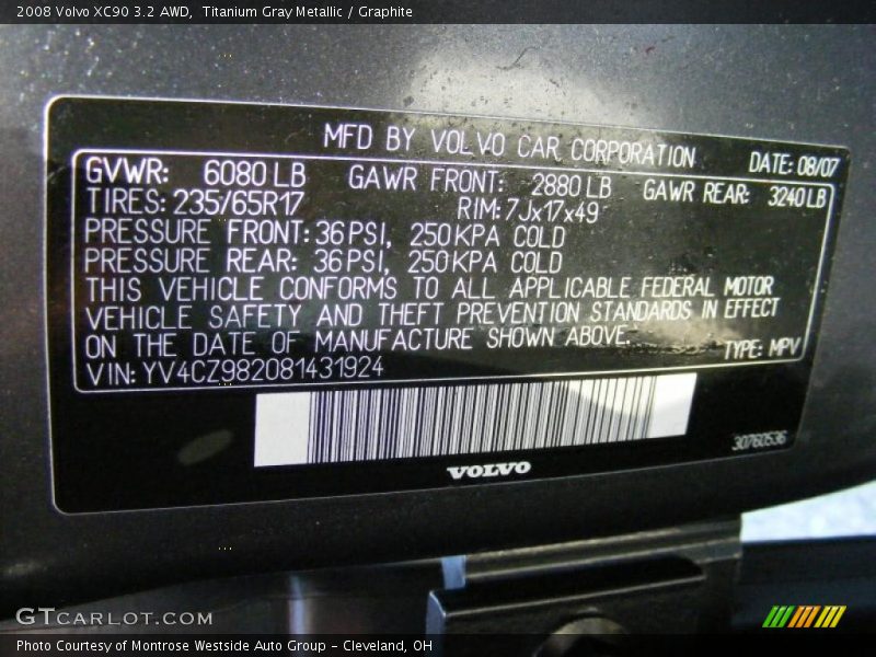 Titanium Gray Metallic / Graphite 2008 Volvo XC90 3.2 AWD