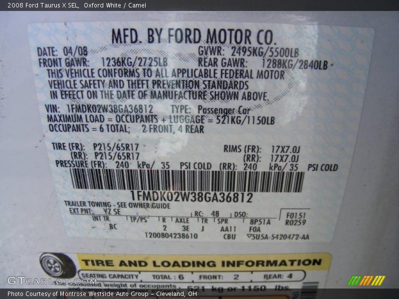 Oxford White / Camel 2008 Ford Taurus X SEL
