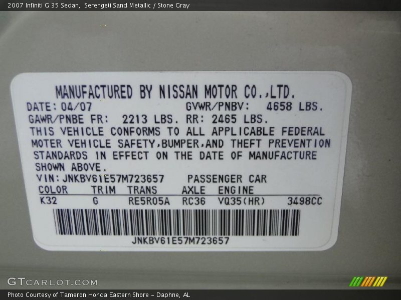 Serengeti Sand Metallic / Stone Gray 2007 Infiniti G 35 Sedan