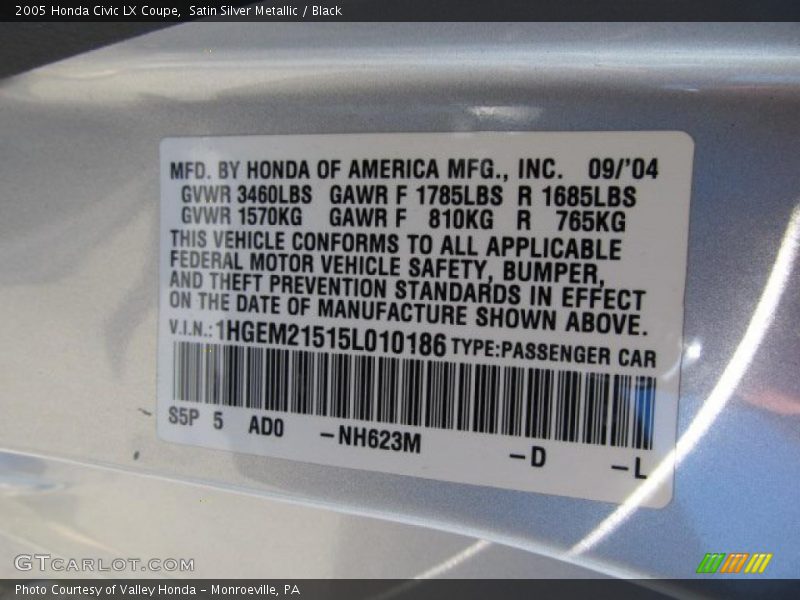 2005 Civic LX Coupe Satin Silver Metallic Color Code NH623M
