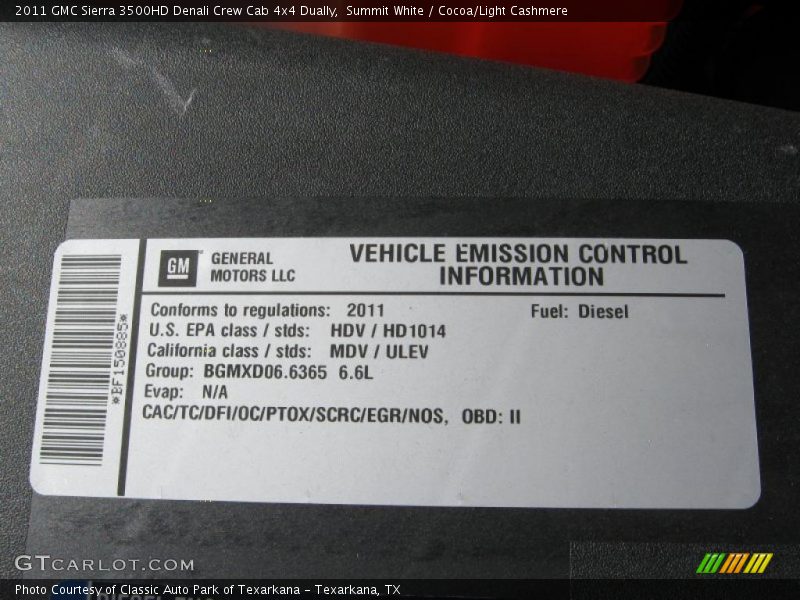 Info Tag of 2011 Sierra 3500HD Denali Crew Cab 4x4 Dually