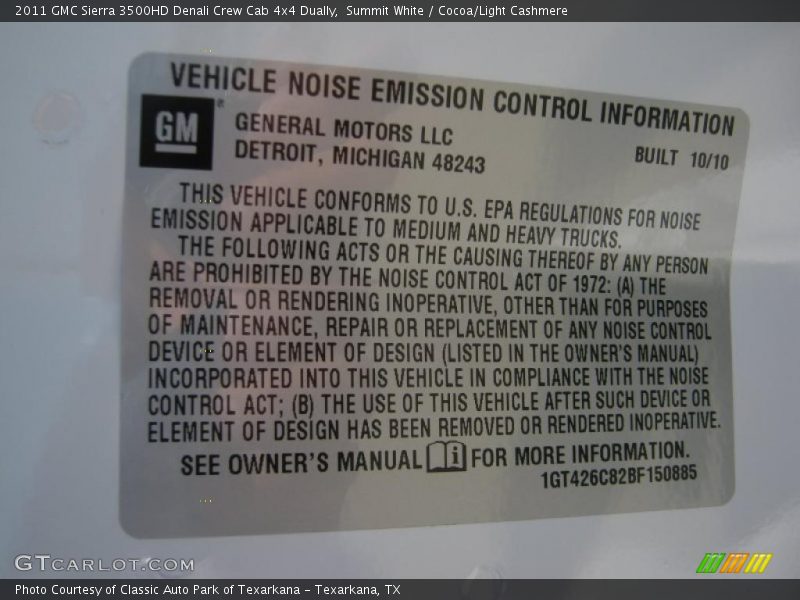 Info Tag of 2011 Sierra 3500HD Denali Crew Cab 4x4 Dually