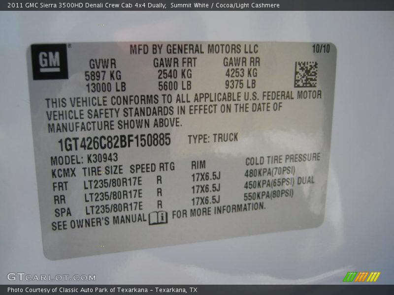 Info Tag of 2011 Sierra 3500HD Denali Crew Cab 4x4 Dually