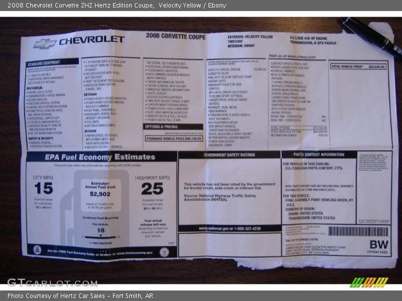  2008 Corvette ZHZ Hertz Edition Coupe Window Sticker