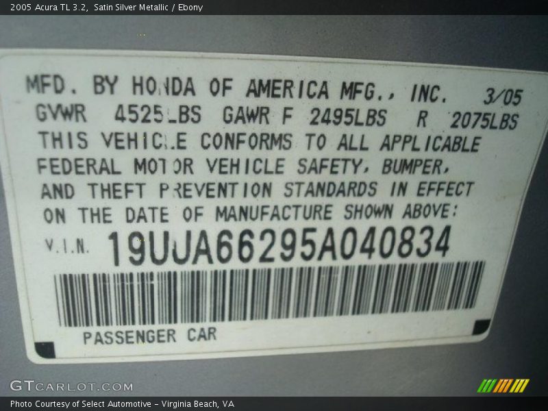Satin Silver Metallic / Ebony 2005 Acura TL 3.2