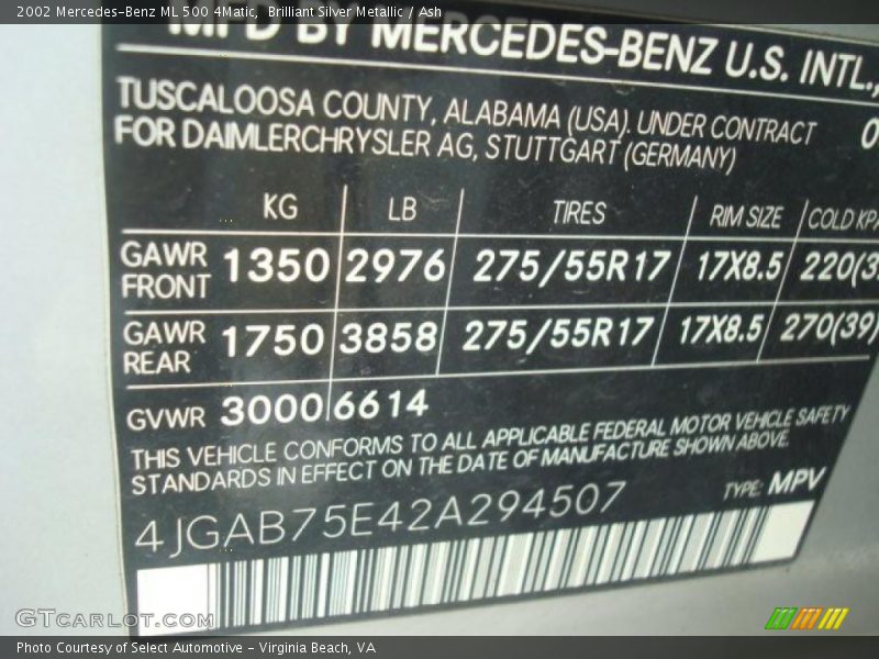 Brilliant Silver Metallic / Ash 2002 Mercedes-Benz ML 500 4Matic
