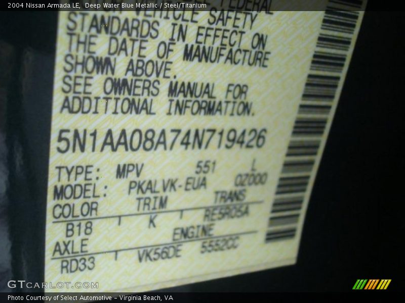 Deep Water Blue Metallic / Steel/Titanium 2004 Nissan Armada LE