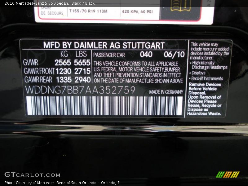 Black / Black 2010 Mercedes-Benz S 550 Sedan