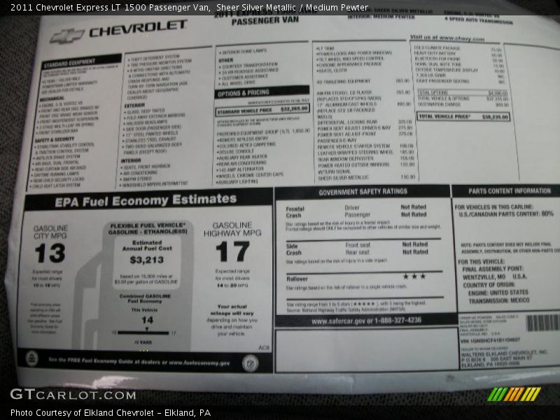  2011 Express LT 1500 Passenger Van Window Sticker