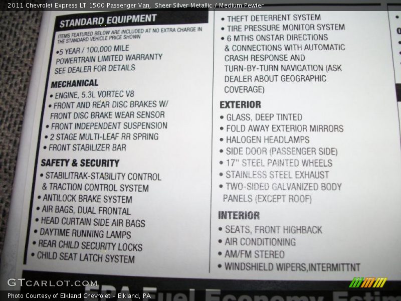  2011 Express LT 1500 Passenger Van Window Sticker