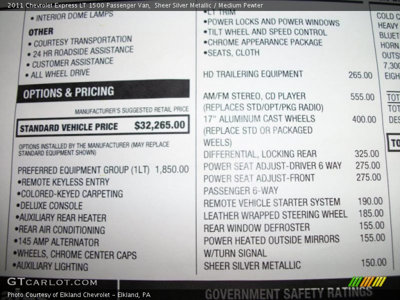  2011 Express LT 1500 Passenger Van Window Sticker