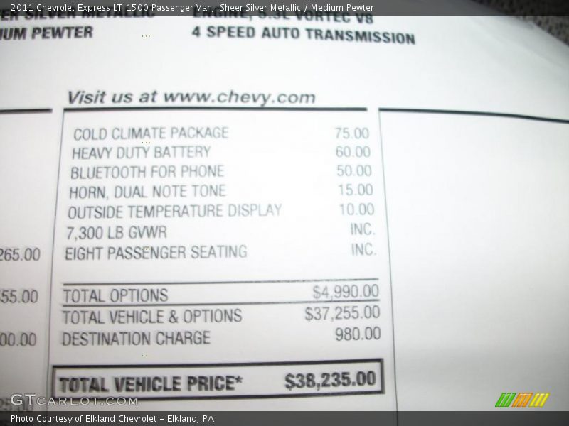  2011 Express LT 1500 Passenger Van Window Sticker