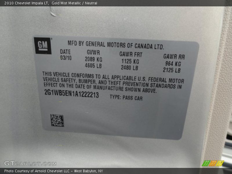 Gold Mist Metallic / Neutral 2010 Chevrolet Impala LT