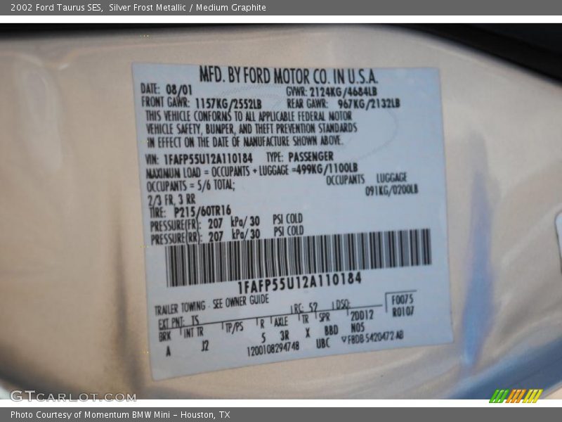 Info Tag of 2002 Taurus SES