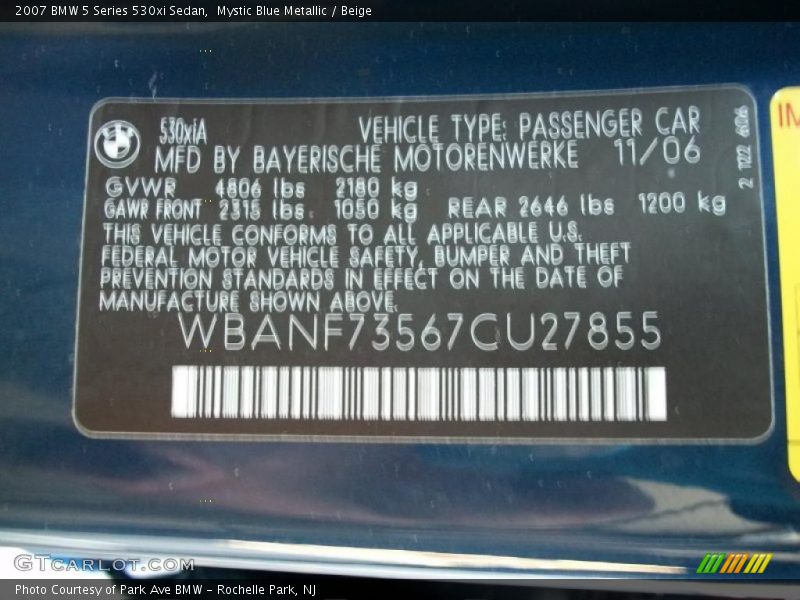 Mystic Blue Metallic / Beige 2007 BMW 5 Series 530xi Sedan