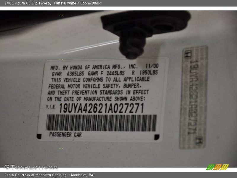 Taffeta White / Ebony Black 2001 Acura CL 3.2 Type S