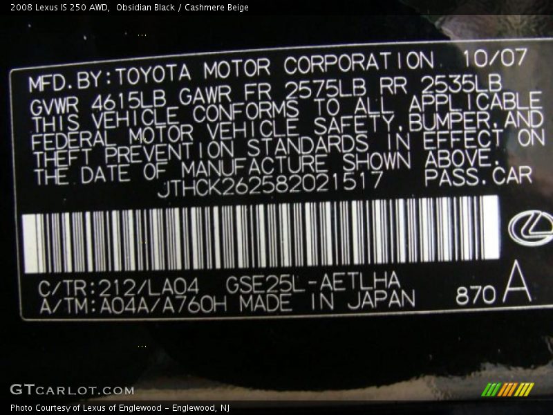 Obsidian Black / Cashmere Beige 2008 Lexus IS 250 AWD