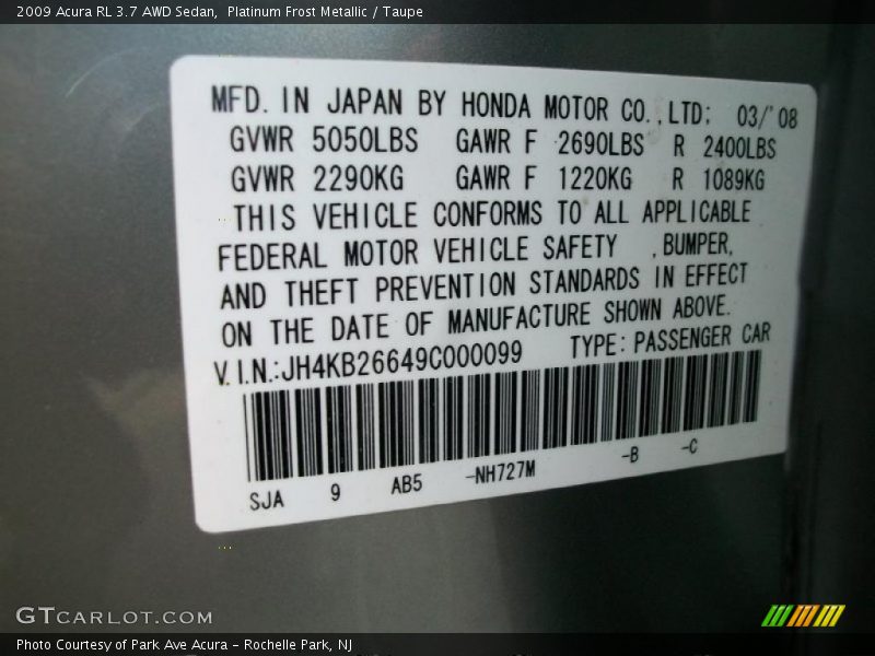 2009 RL 3.7 AWD Sedan Platinum Frost Metallic Color Code NH727M