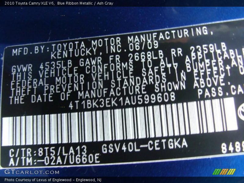 2010 Camry XLE V6 Blue Ribbon Metallic Color Code 8T5