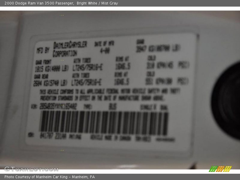 Bright White / Mist Gray 2000 Dodge Ram Van 3500 Passenger