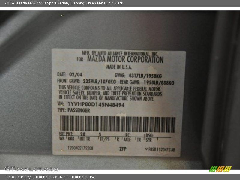 2004 MAZDA6 s Sport Sedan Sepang Green Metallic Color Code 28S