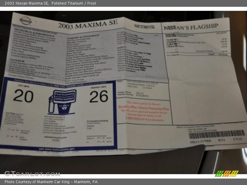  2003 Maxima SE Window Sticker