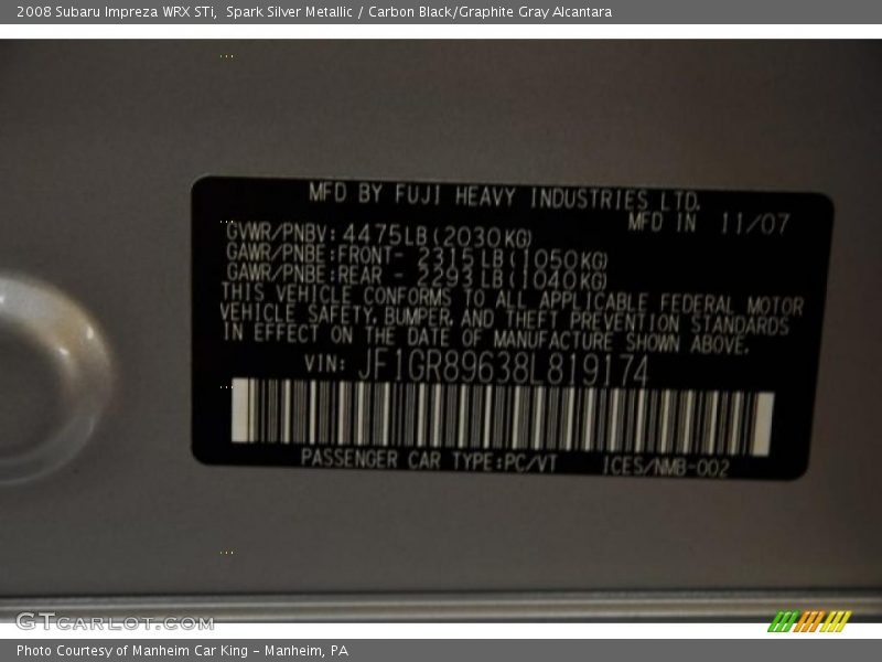 Info Tag of 2008 Impreza WRX STi