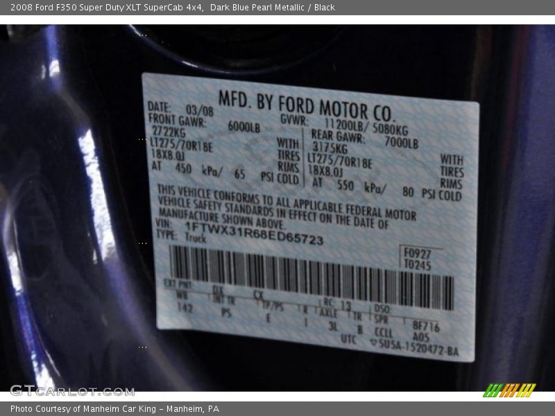 2008 F350 Super Duty XLT SuperCab 4x4 Dark Blue Pearl Metallic Color Code DX