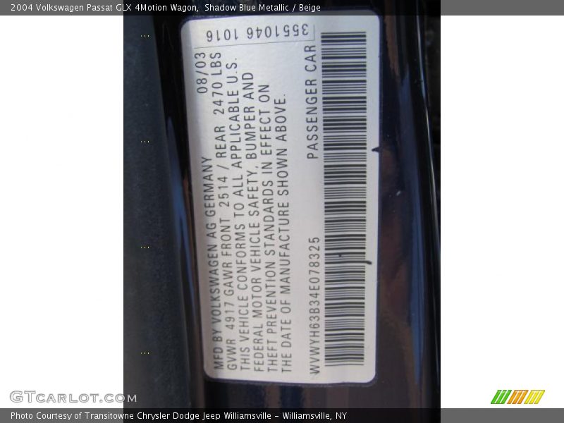 Shadow Blue Metallic / Beige 2004 Volkswagen Passat GLX 4Motion Wagon