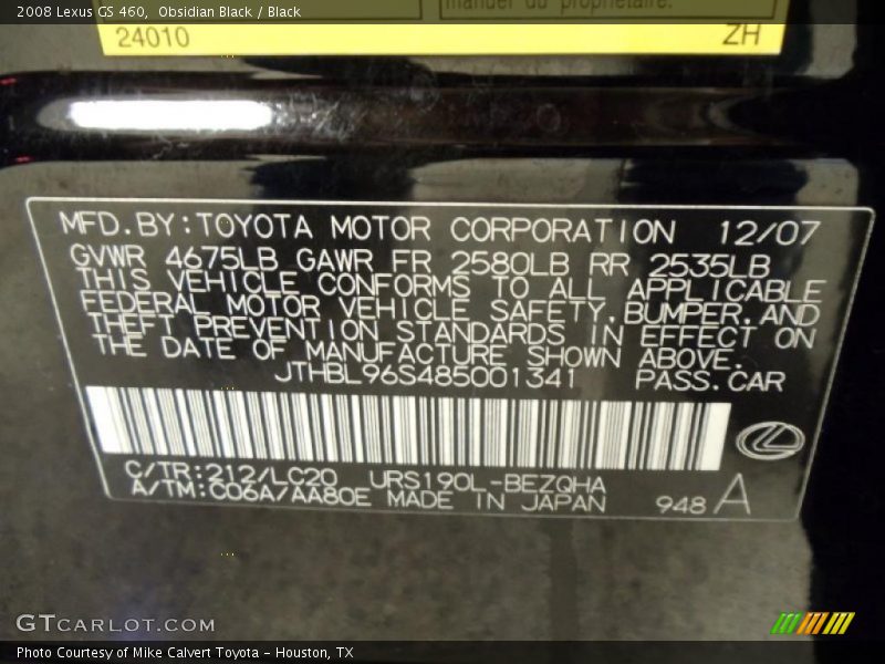 2008 GS 460 Obsidian Black Color Code 212