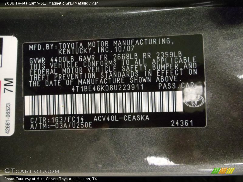 Magnetic Gray Metallic / Ash 2008 Toyota Camry SE