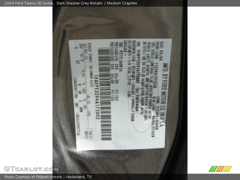 2004 Taurus SE Sedan Dark Shadow Grey Metallic Color Code CX
