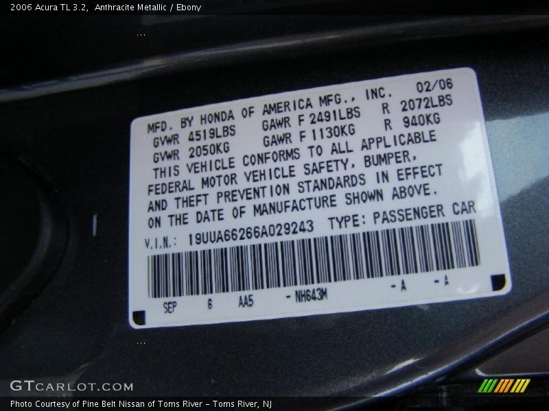Anthracite Metallic / Ebony 2006 Acura TL 3.2