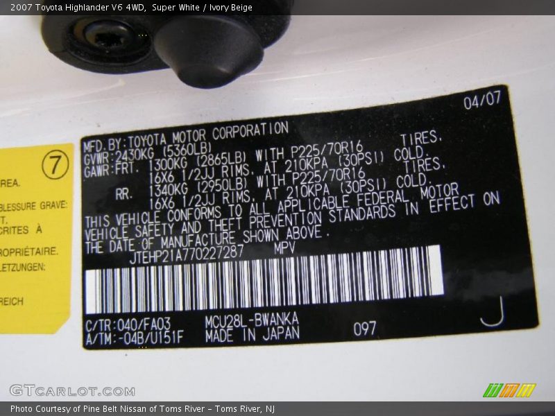 Super White / Ivory Beige 2007 Toyota Highlander V6 4WD