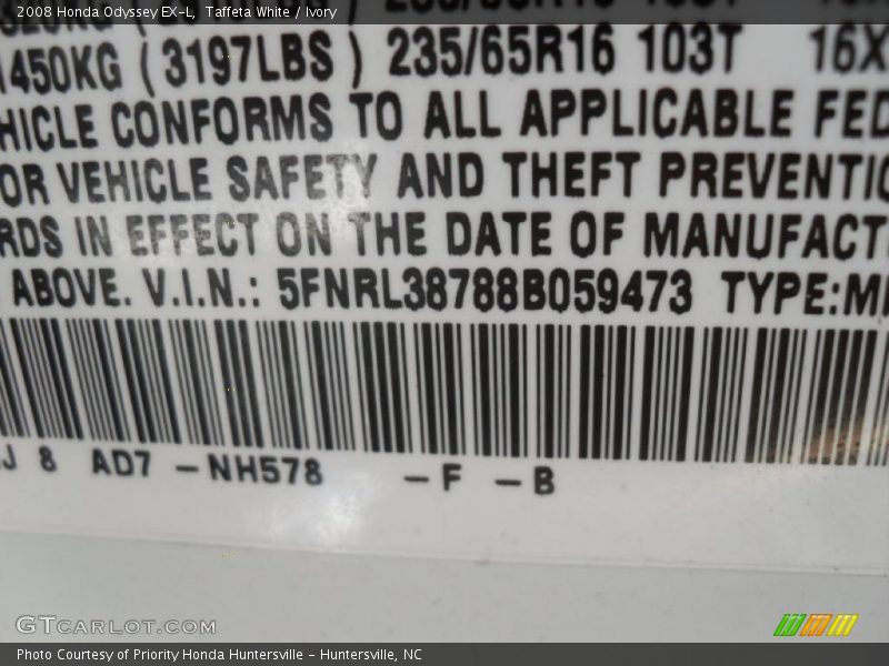 Taffeta White / Ivory 2008 Honda Odyssey EX-L