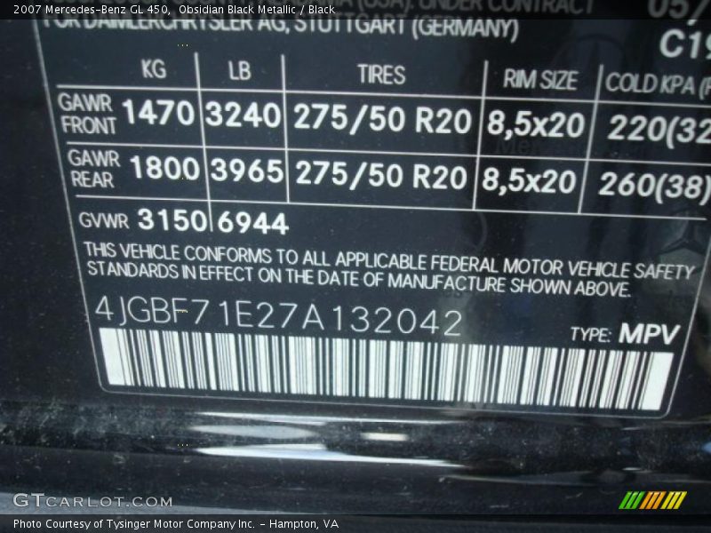 Obsidian Black Metallic / Black 2007 Mercedes-Benz GL 450