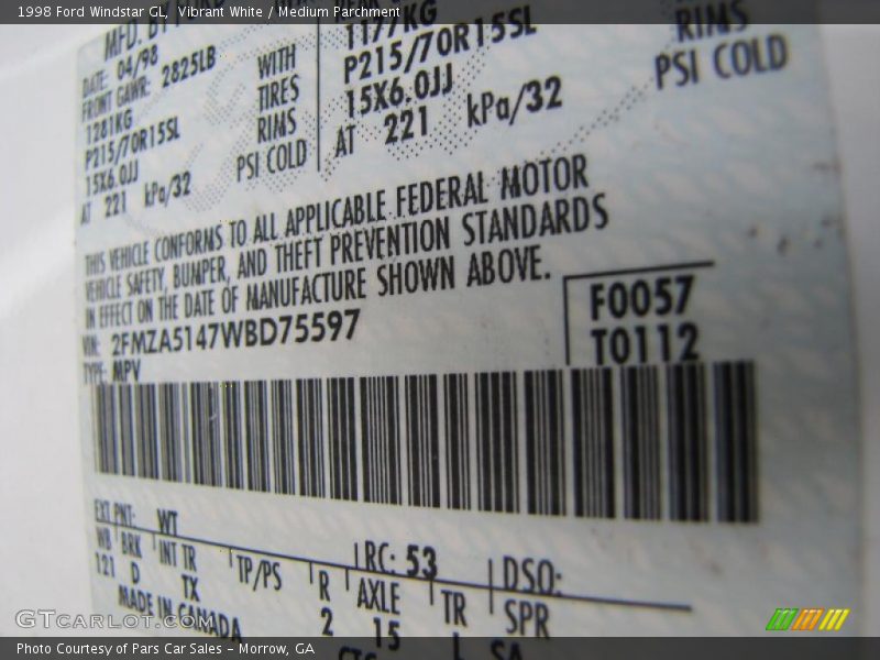 1998 Windstar GL Vibrant White Color Code WT