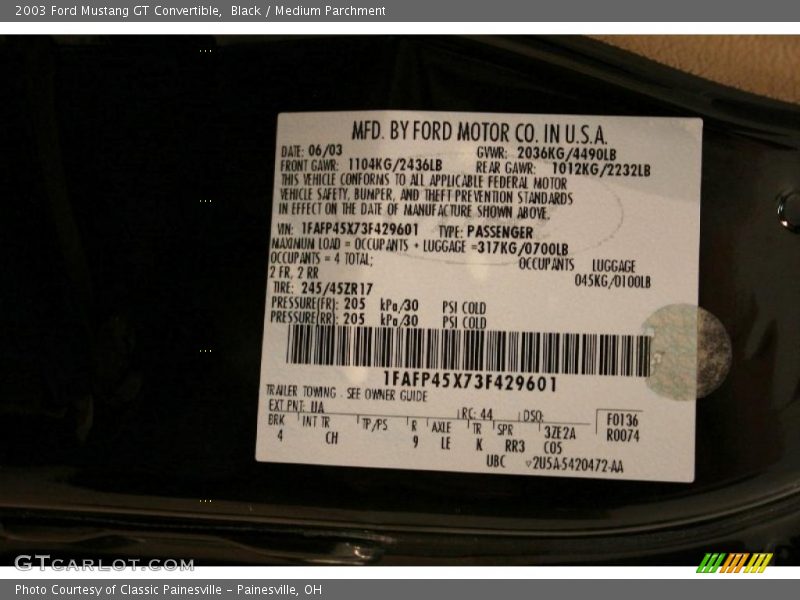 Info Tag of 2003 Mustang GT Convertible