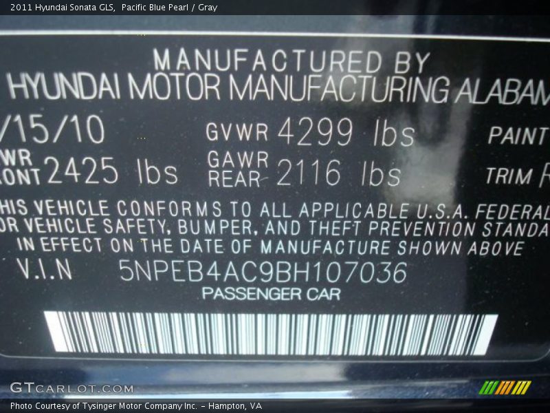 Pacific Blue Pearl / Gray 2011 Hyundai Sonata GLS