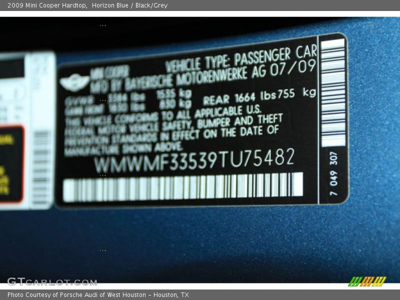 Horizon Blue / Black/Grey 2009 Mini Cooper Hardtop