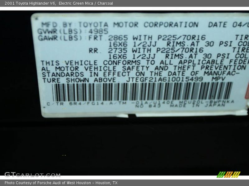 Electric Green Mica / Charcoal 2001 Toyota Highlander V6