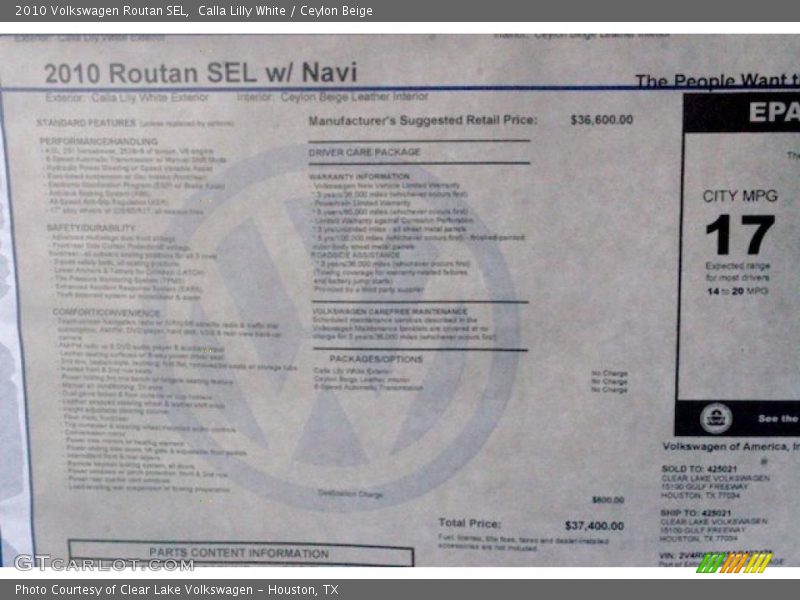  2010 Routan SEL Window Sticker