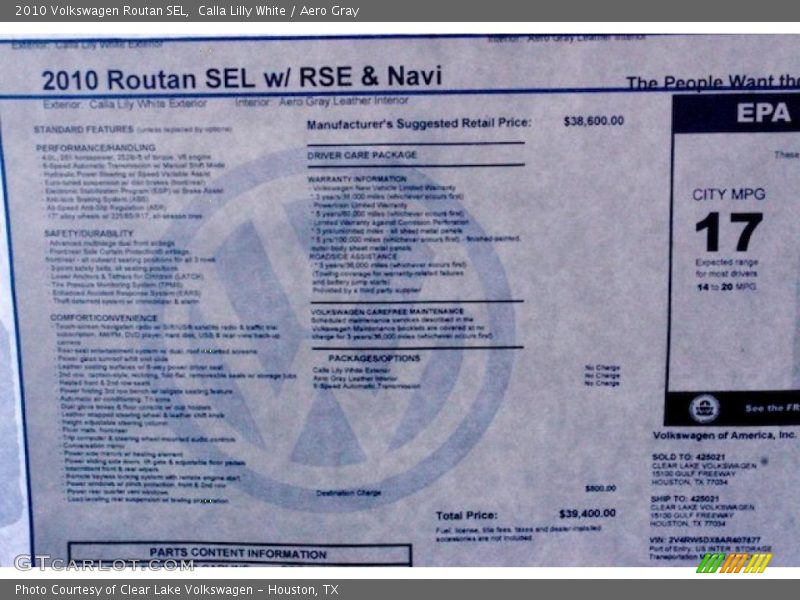  2010 Routan SEL Window Sticker