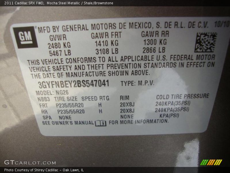 Info Tag of 2011 SRX FWD