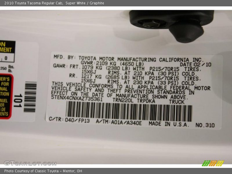 Super White / Graphite 2010 Toyota Tacoma Regular Cab
