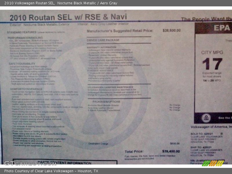  2010 Routan SEL Window Sticker