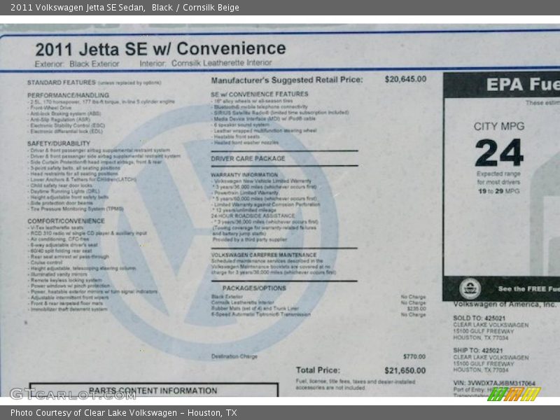 Black / Cornsilk Beige 2011 Volkswagen Jetta SE Sedan