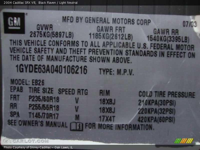 Info Tag of 2004 SRX V8